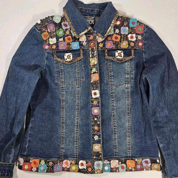 Jackets & Blazers - Vintage BERER Embroidered Sequin & Beaded Denim Jean Jacket Size Large